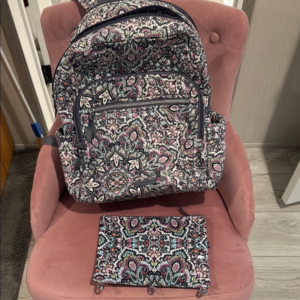 Vera Bradley Floral Backpack and Pouch - Black, Pink, White